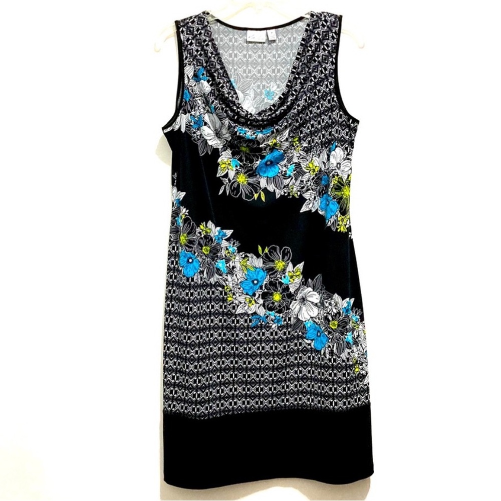 Kim Rogers Dark Floral Sleeveless Draped Summer Cowl Neck Dress